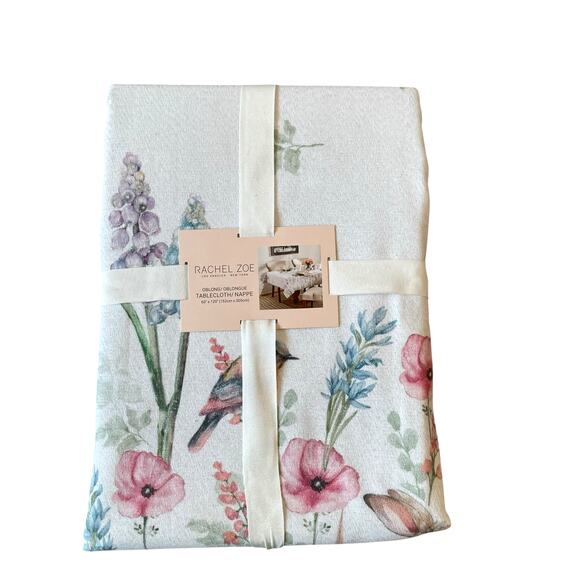 RACHEL ZOE Spring Tablecloth 60x120 Floral Bunnies Silver Glitter NEW - Picture 7 of 10